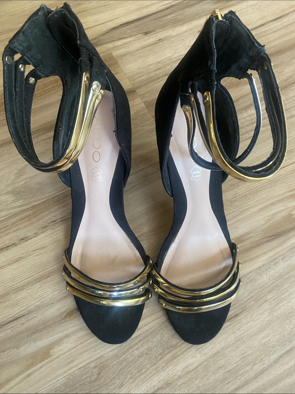 Aldo Black Heeled Sandals with Gold Trim